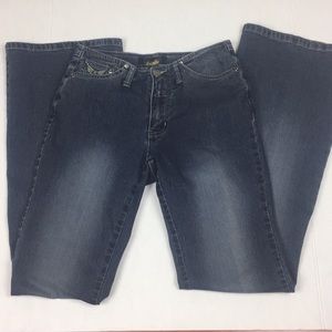 ANGELS DISTRESSED FLARE CUT JEANS WITH BLING